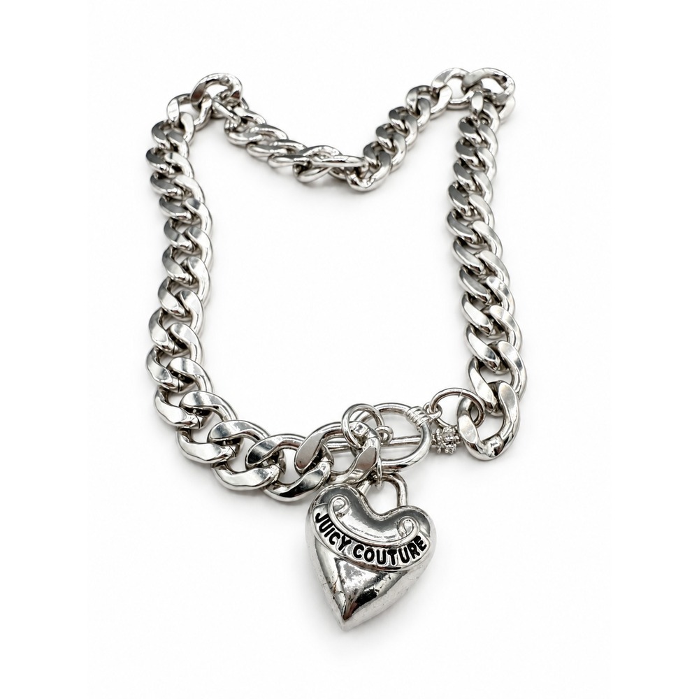 Vintage Juicy Couture Silver Choker Chain Link Puffy Heart Charm Necklace Y2K